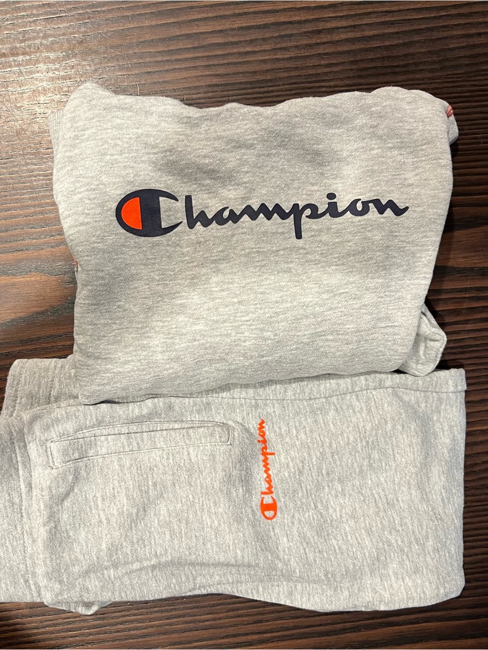 Champion Kids Gray Sweatpants and Hoodie with Navy & Orange Logos